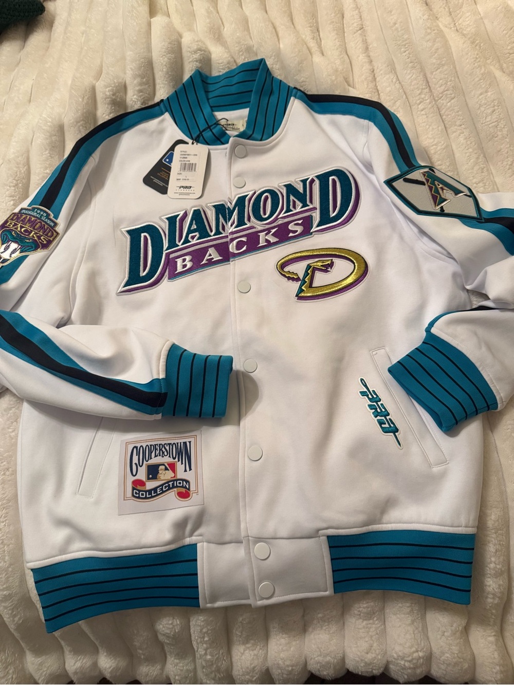Pro Player Retro Diamondbacks White Teal Purple Varsity Jacket